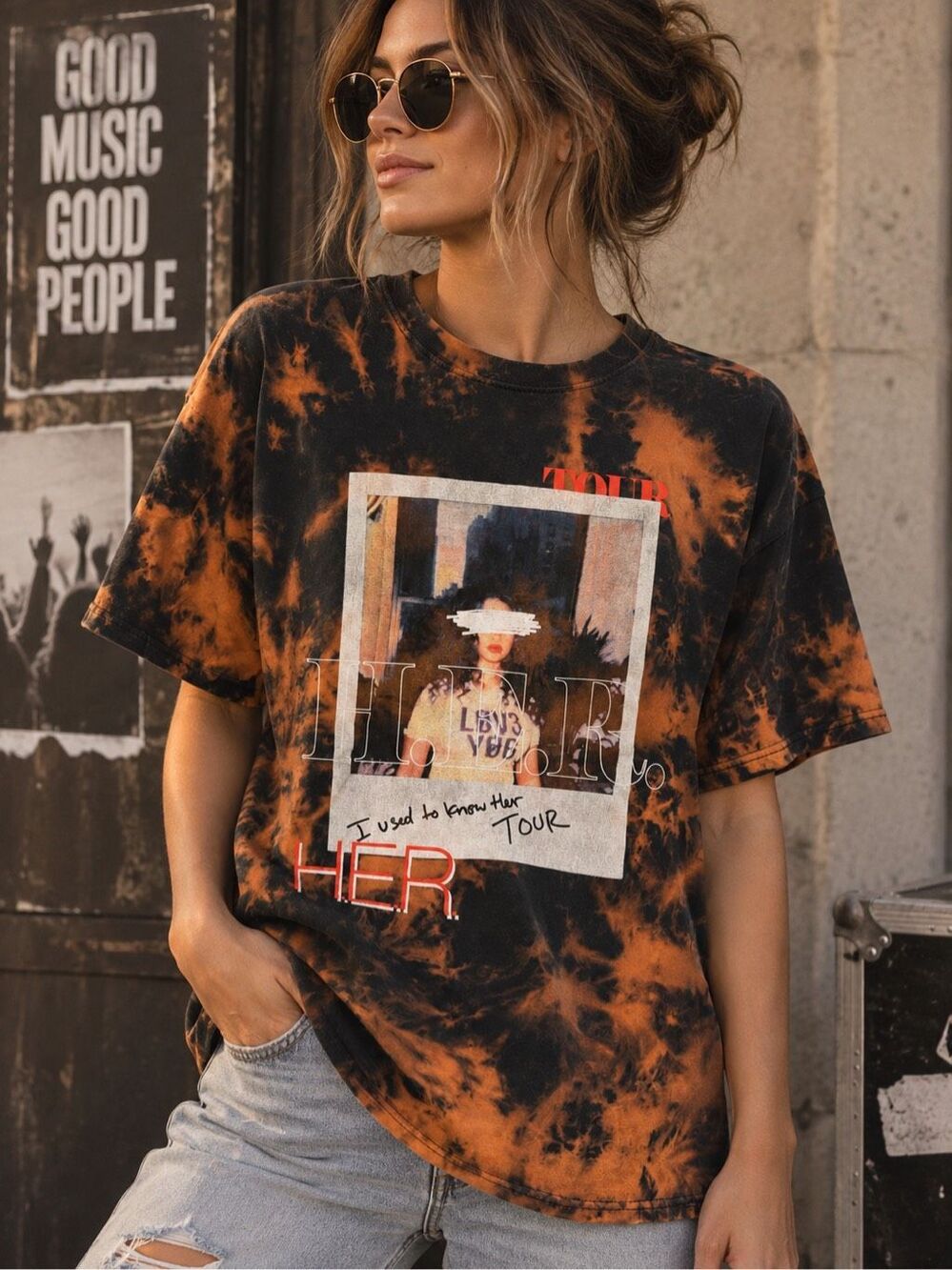 H.E.R. I Used to Know Her Tour Black Orange Bleach Tie Dye Graphic T-Shirt XL